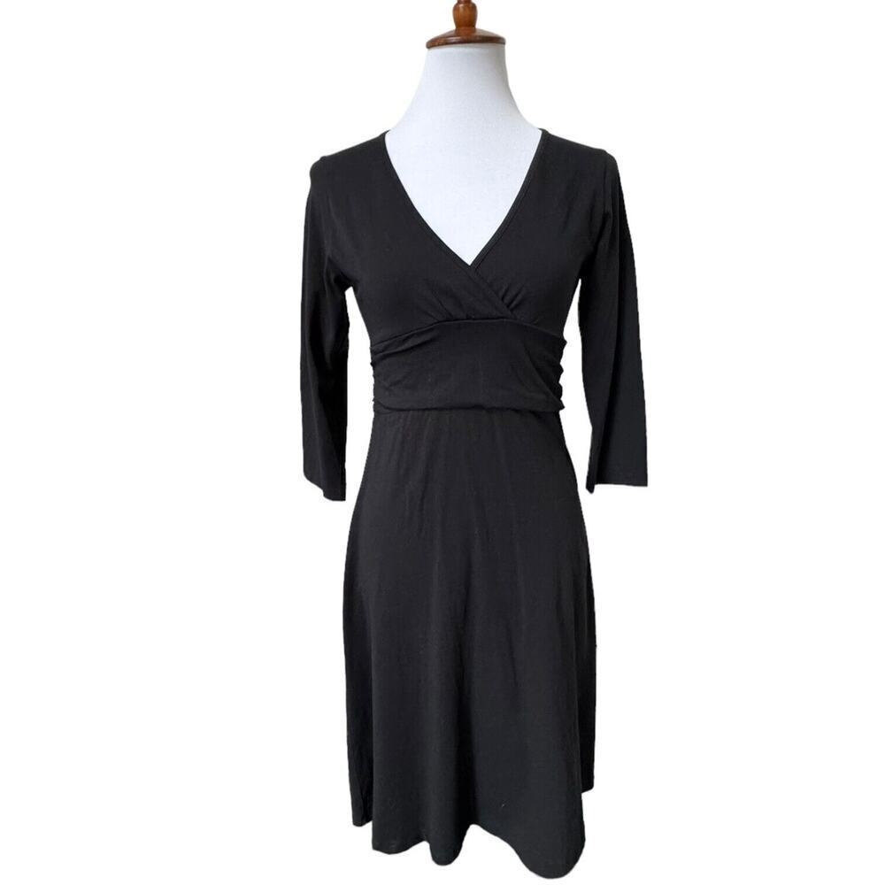 Patagonia Womens A-Line Dress Black 3/4 Sleeve Surplice Stretch Knit Pullover M